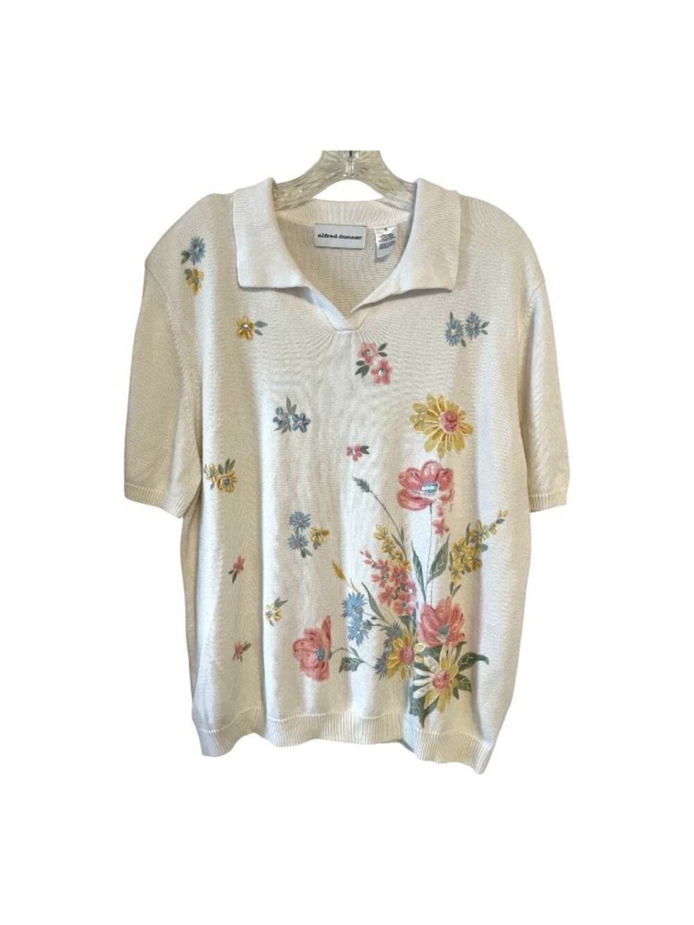 Alfred Dunner Floral Embellished Knit Polo Top XL Ramie Cotton